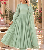Mint green cotton pleated anarkali suit