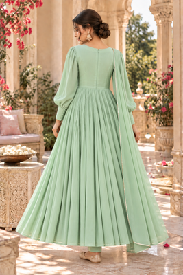 Mint green cotton pleated anarkali suit 2