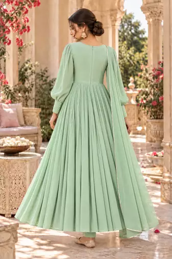 Mint green cotton pleated anarkali suit