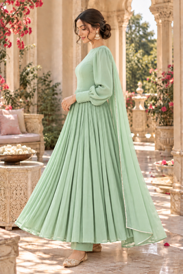 Mint green cotton pleated anarkali suit 3