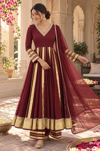 Maroon rayon handcrafted gotapatti anarkali set