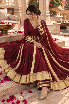 Maroon rayon handcrafted gotapatti anarkali set 2