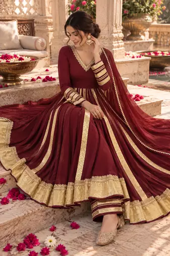 Maroon rayon handcrafted gotapatti anarkali set