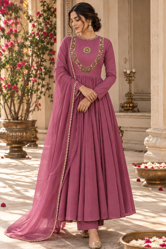 Purple cotton handwork anarkali suit set