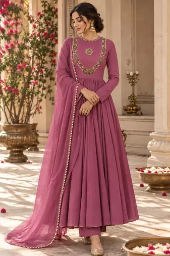 Purple cotton handwork anarkali suit set