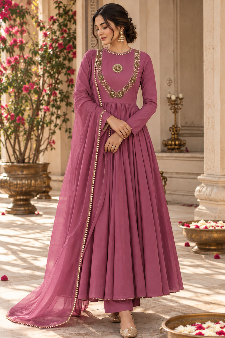 Purple cotton handwork anarkali suit set