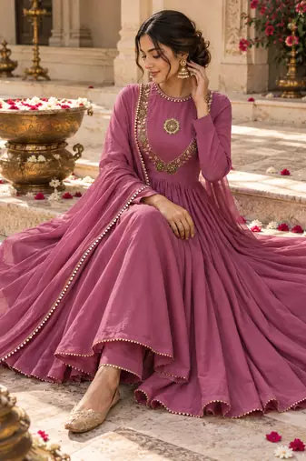 Purple cotton handwork anarkali suit set