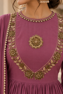 Purple cotton handwork anarkali suit set 4