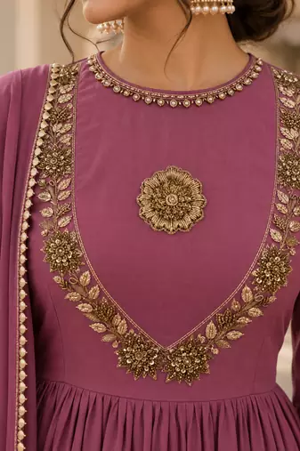 Purple cotton handwork anarkali suit set