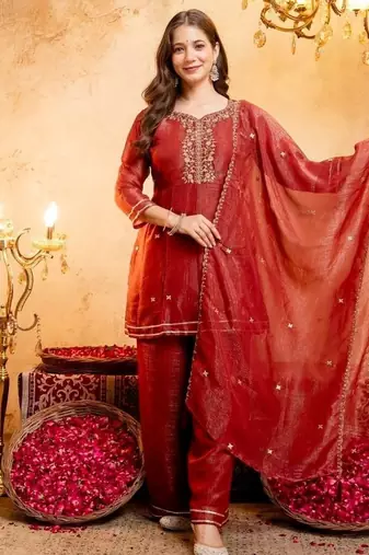 Chiku sequins embroidered silk kurta plazzo dupatta set for women