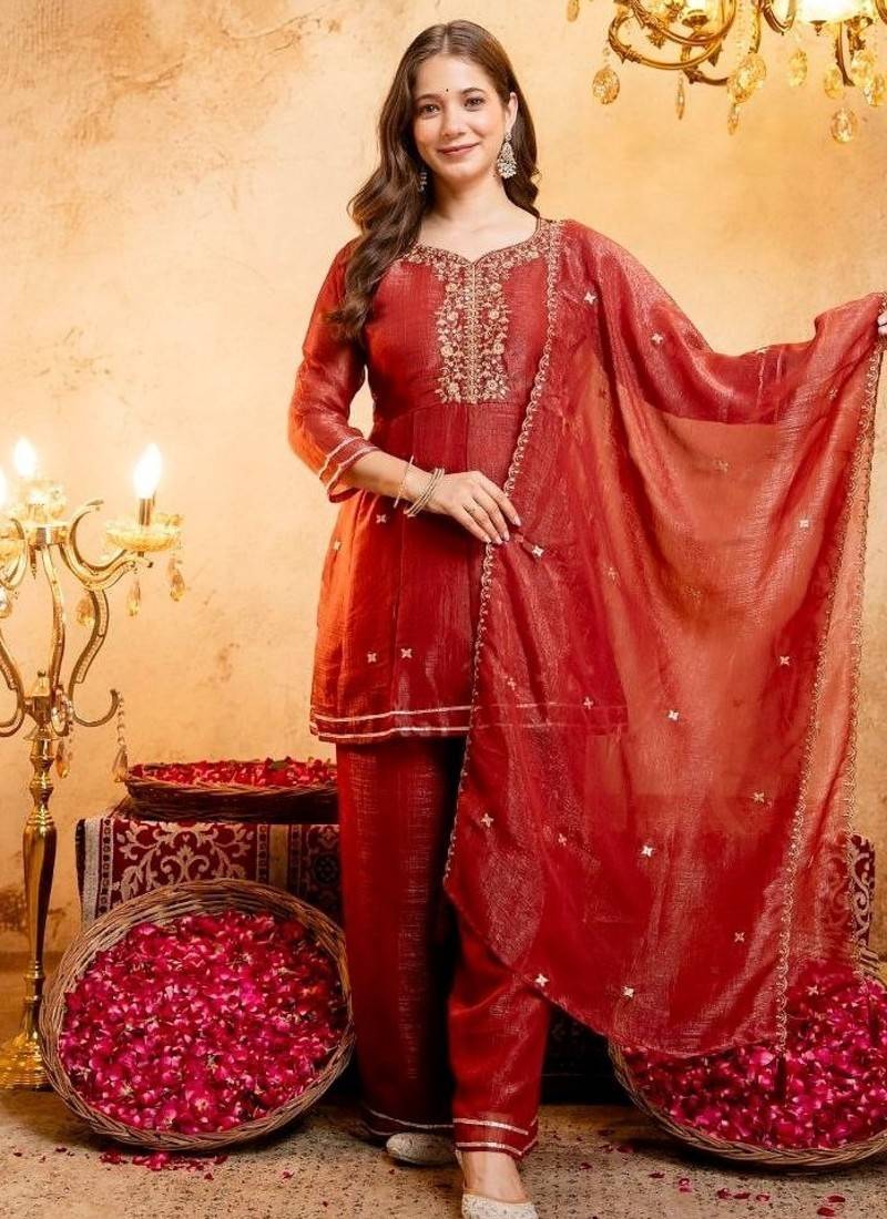 Chiku sequins embroidered silk kurta plazzo dupatta set for women