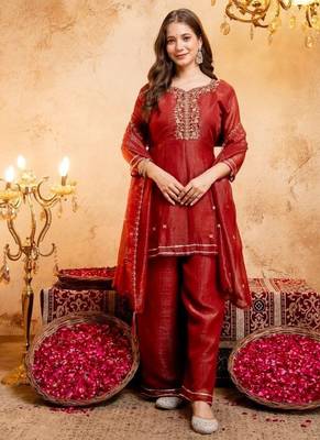 Chiku sequins embroidered silk kurta plazzo dupatta set for women 2