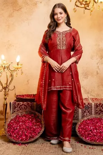 Chiku sequins embroidered silk kurta plazzo dupatta set for women
