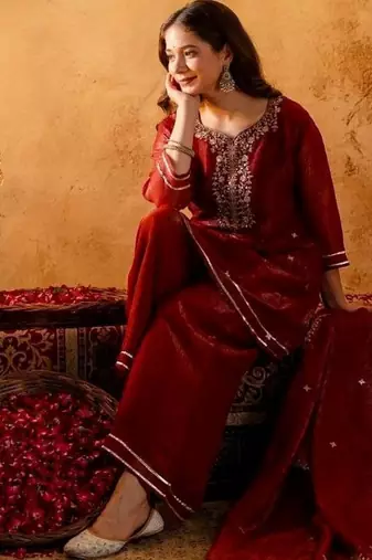 Chiku sequins embroidered silk kurta plazzo dupatta set for women
