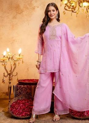 Pink sequins embroidered silk kurta plazzo dupatta set for women 1