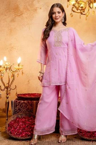 Pink sequins embroidered silk kurta plazzo dupatta set for women