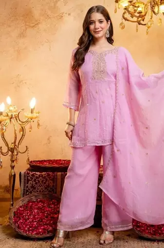 Pink sequins embroidered silk kurta plazzo dupatta set for women