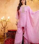 Pink sequins embroidered silk kurta plazzo dupatta set for women
