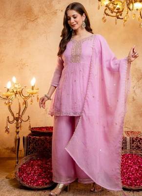 Pink sequins embroidered silk kurta plazzo dupatta set for women 2