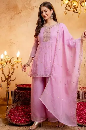 Pink sequins embroidered silk kurta plazzo dupatta set for women