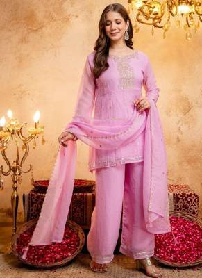 Pink sequins embroidered silk kurta plazzo dupatta set for women 3