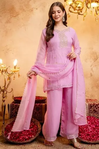 Pink sequins embroidered silk kurta plazzo dupatta set for women