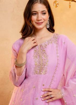 Pink sequins embroidered silk kurta plazzo dupatta set for women 4