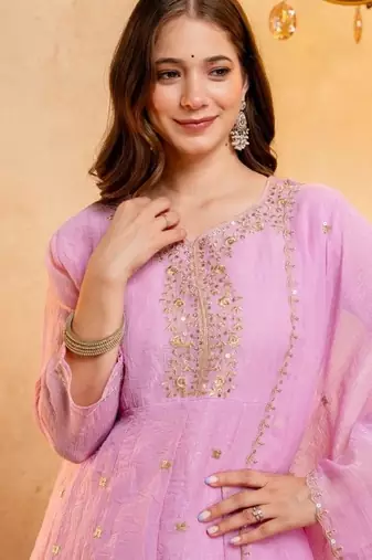 Pink sequins embroidered silk kurta plazzo dupatta set for women