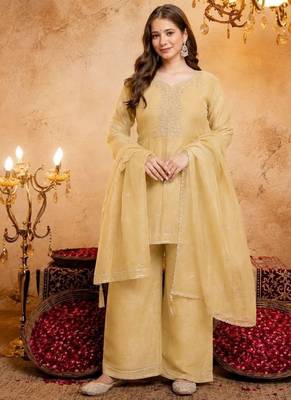 Yellow sequins embroidered silk kurta plazzo dupatta set for women 1