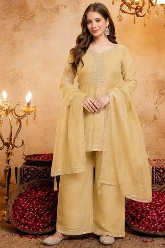 Yellow sequins embroidered silk kurta plazzo dupatta set for women
