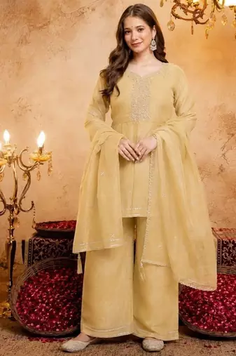 Yellow sequins embroidered silk kurta plazzo dupatta set for women