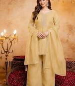 Yellow sequins embroidered silk kurta plazzo dupatta set for women