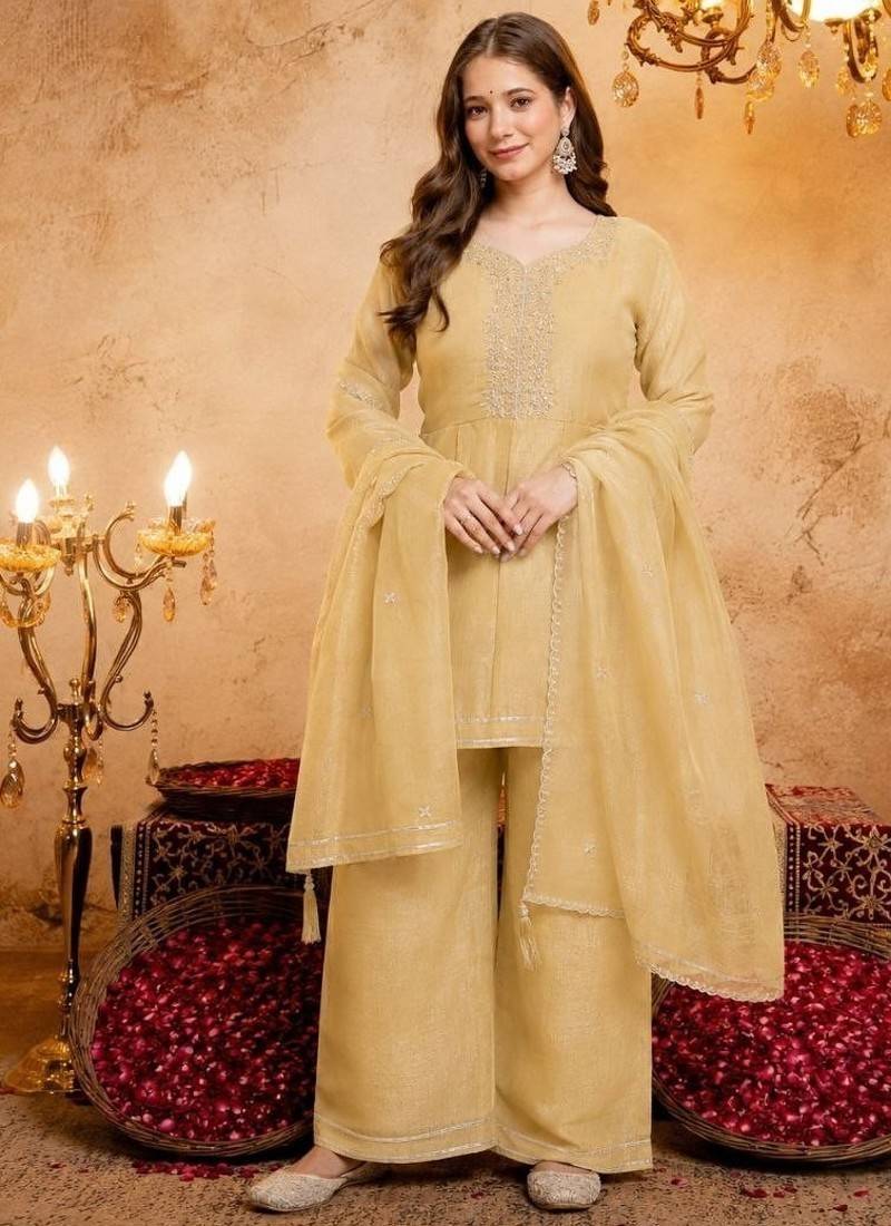 Yellow sequins embroidered silk kurta plazzo dupatta set for women