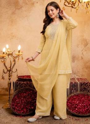 Yellow sequins embroidered silk kurta plazzo dupatta set for women 2