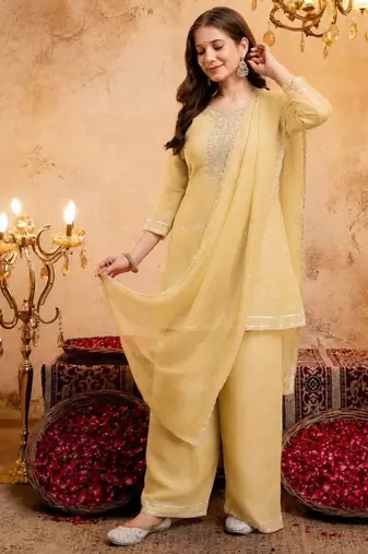 Yellow sequins embroidered silk kurta plazzo dupatta set for women