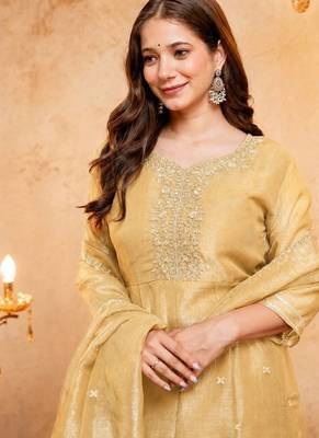 Yellow sequins embroidered silk kurta plazzo dupatta set for women 3