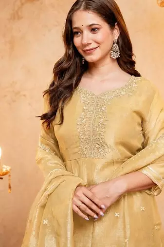 Yellow sequins embroidered silk kurta plazzo dupatta set for women