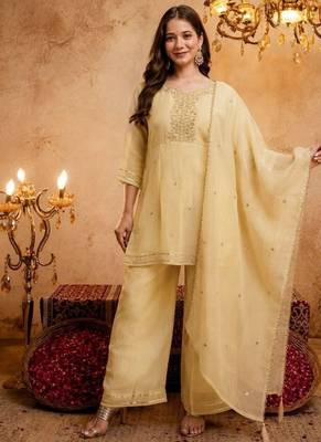 Yellow sequins embroidered silk kurta plazzo dupatta set for women 4