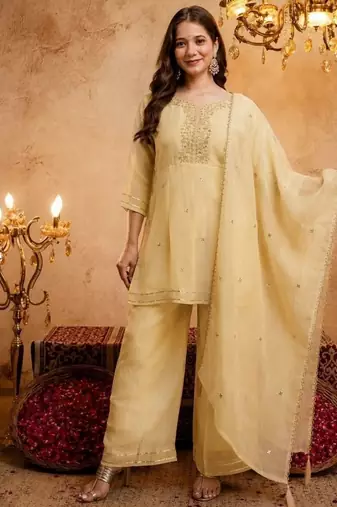 Yellow sequins embroidered silk kurta plazzo dupatta set for women