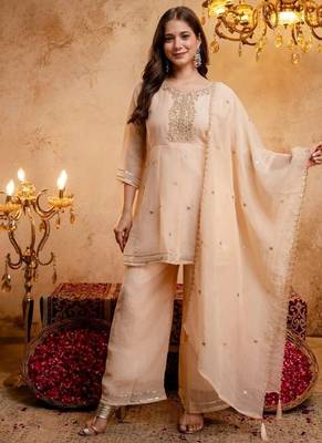 Orange sequins embroidered silk kurta plazzo dupatta set for women 1
