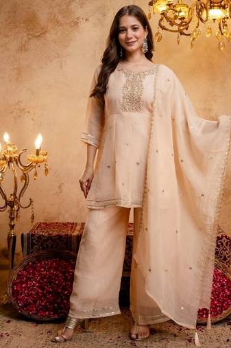 Orange sequins embroidered silk kurta plazzo dupatta set for women