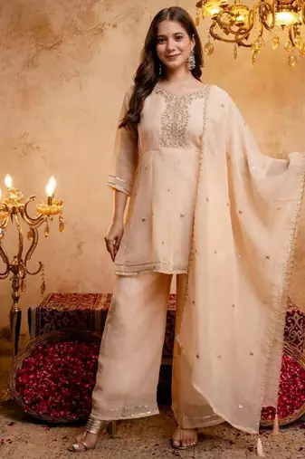 Orange sequins embroidered silk kurta plazzo dupatta set for women