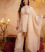 Orange sequins embroidered silk kurta plazzo dupatta set for women