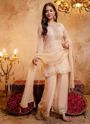 Orange sequins embroidered silk kurta plazzo dupatta set for women 2