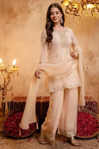 Orange sequins embroidered silk kurta plazzo dupatta set for women