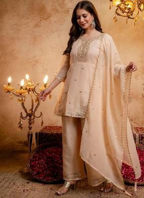 Orange sequins embroidered silk kurta plazzo dupatta set for women 3