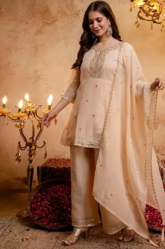 Orange sequins embroidered silk kurta plazzo dupatta set for women