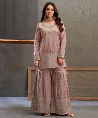 Mauve zari & thread embroidered viscose kurta plazzo dupatta set for women 1