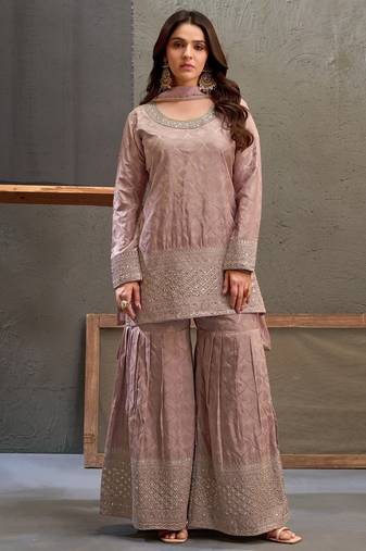 Mauve zari & thread embroidered viscose kurta plazzo dupatta set for women