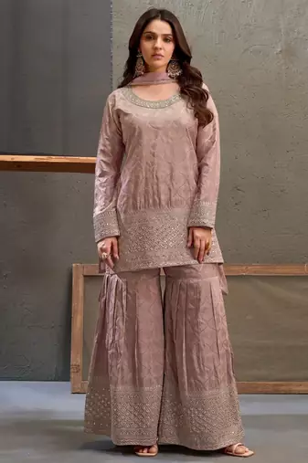 Mauve zari & thread embroidered viscose kurta plazzo dupatta set for women